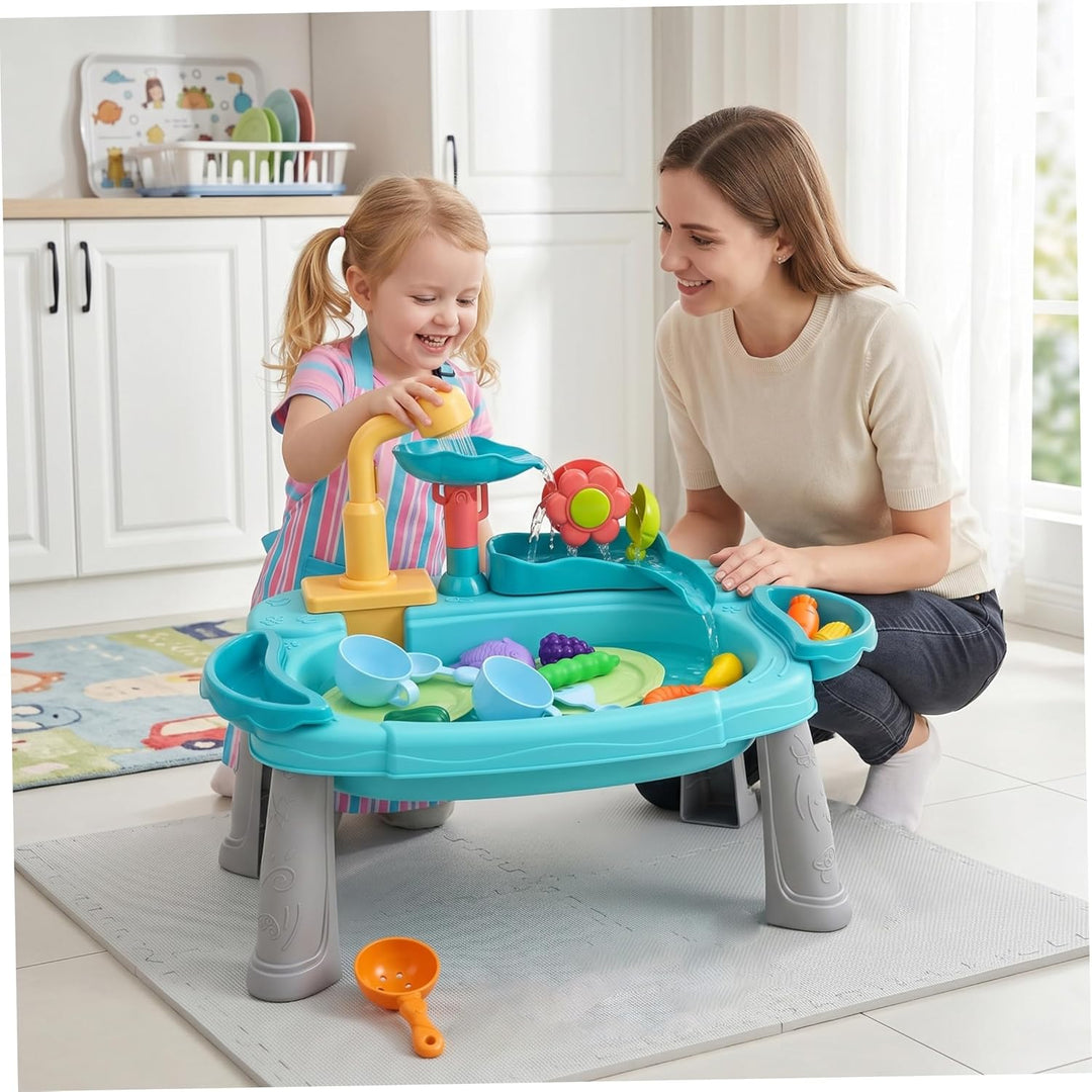 Spielwaschbecken mit fliessendem Wasser, 3-in-1-Spass-Baby-Wassertisch, Waschen und Angeln, vorgetäu