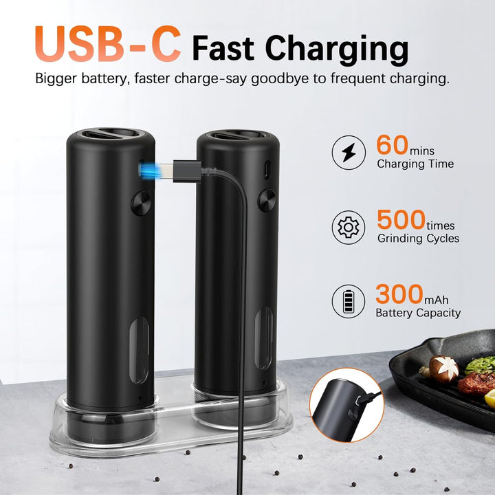 Salz und Pfeffermühlen elektrisch Set mit Ständer, USB-Ladbar, Automatische Salz und Pfefferstreuer