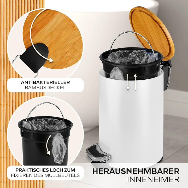 HIBATH® Kosmetikeimer aus Edelstahl mit Bambusdeckel (3 Liter, weiss) - Badezimmer Abfalleimer mit A