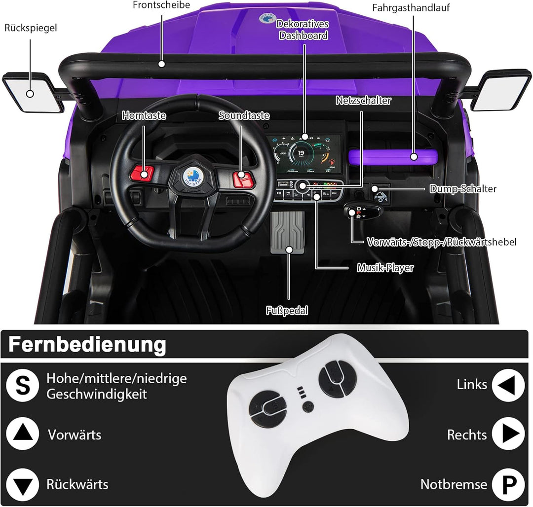 GOPLUS Kinder Elektroauto, 2-Sitzer Kinderauto mit Kippbett &amp; Schaufel, Fernbedienung, Musik, Schein