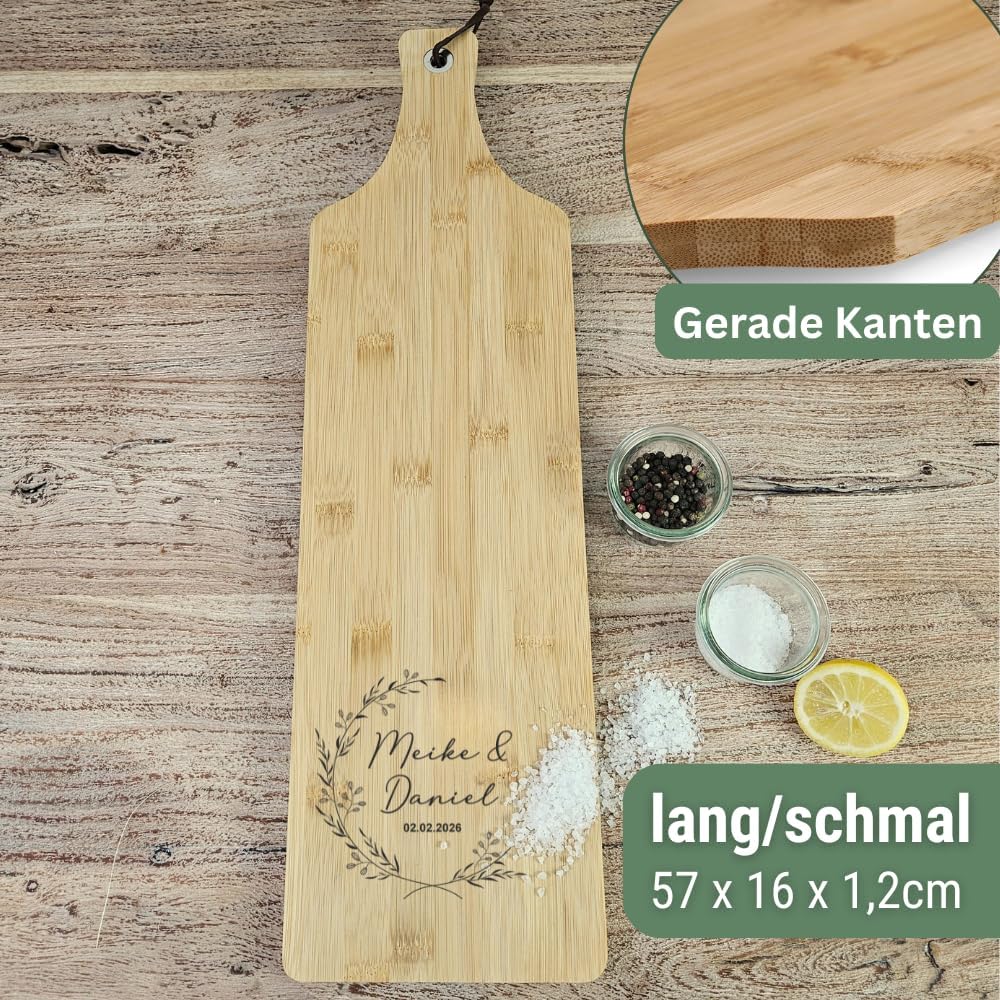 Schneidebrett personalisiert lang – Hochzeitsgeschenk Bambus mit Gravur – Holzbrett Hochzeit Namen &amp;