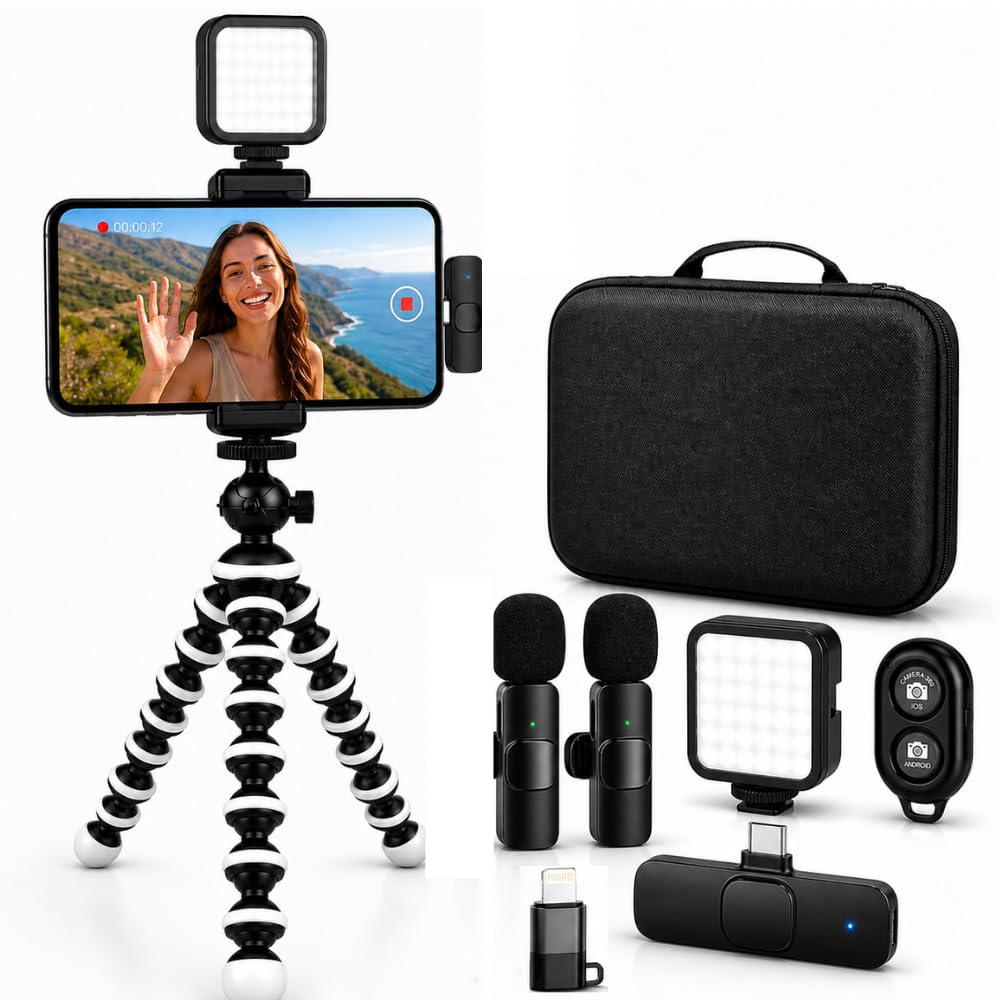 Acuvar Flexibles Stativ-Vlogging-Kit für iPhone, Android und GoPro mit LED-Licht, Handyhalterung, Mi
