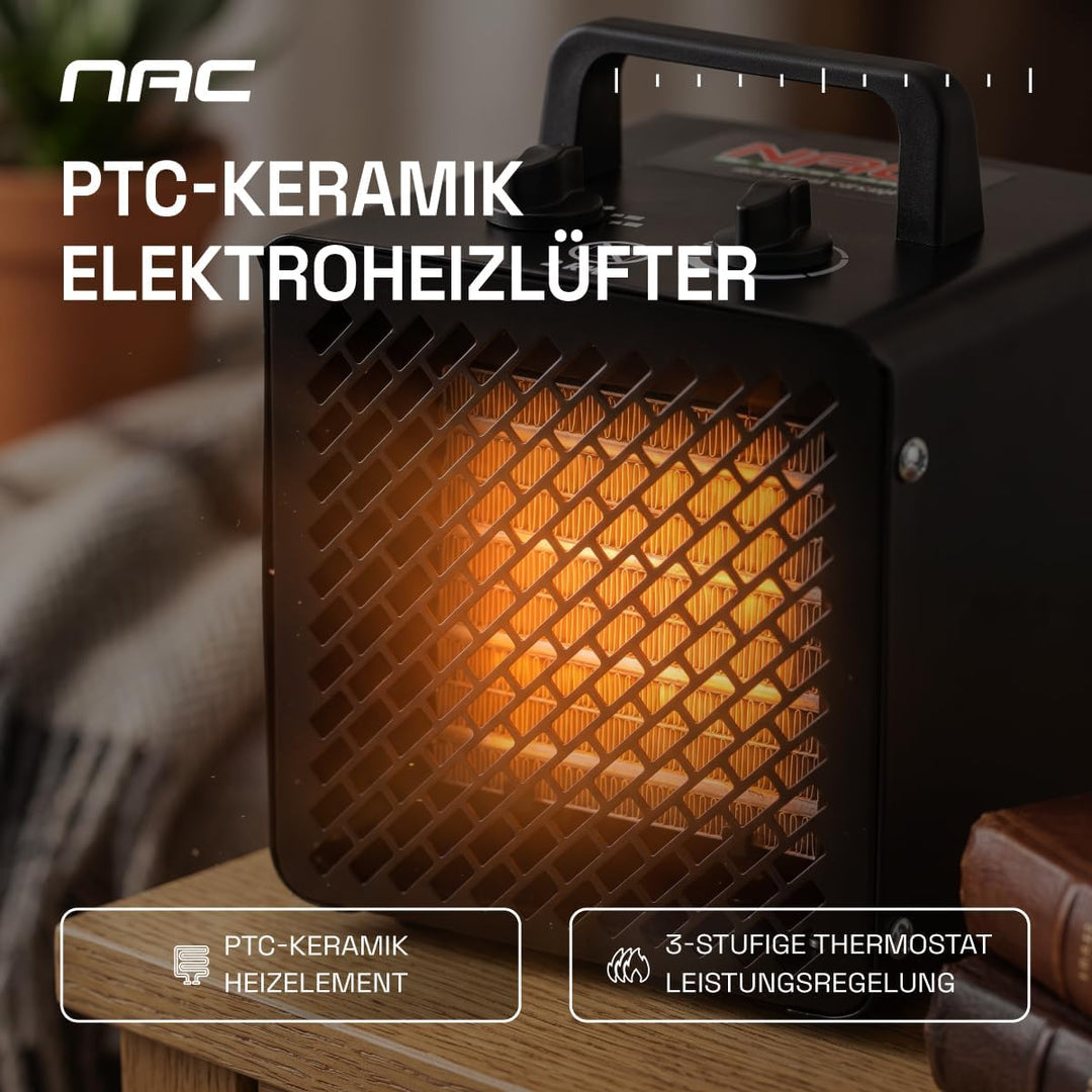 NAC Elektrischer Keramik Heizlüfter 2000 Watt - Heizstrahler mit Thermostat, Heizung Elektrisch - He