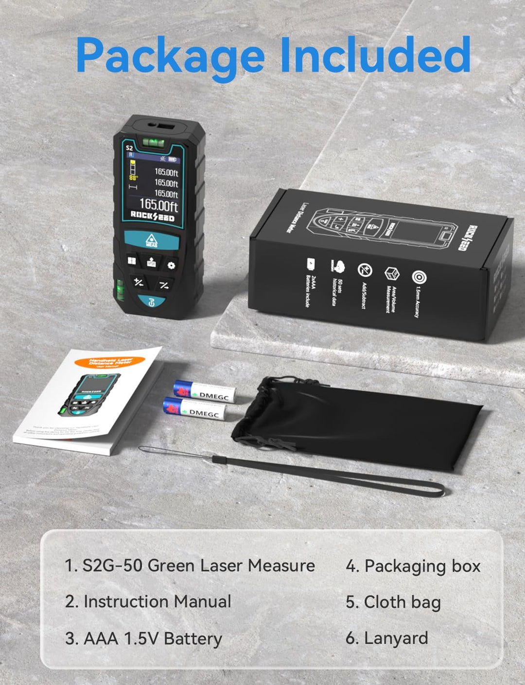 RockSeed Laser-Entfernungsmesser 50m, Grüner Laser,Drehbarer Farbbildschirm | 12 Messmodi, Elektroni