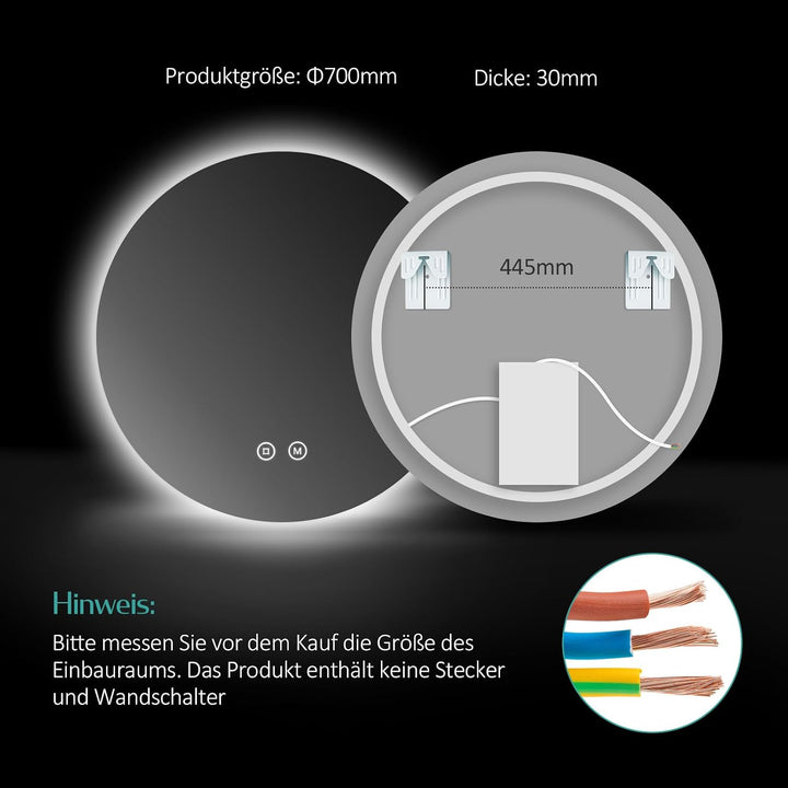 EMKE Badspiegel mit Beleuchtung rund 70cm, 3 Lichtfarbe | Badezimmerspiegel mit dimmbar, Touchschalt