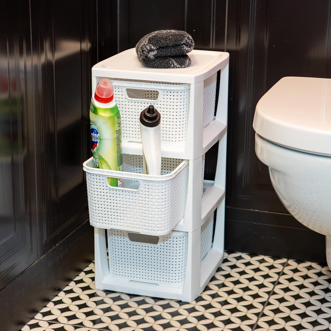 BranQ - Home essential Regal in Rattan Design, BPA-freie Kunststoff PP, Weiss, 29,5x24x48,7 cm, 3 Kö