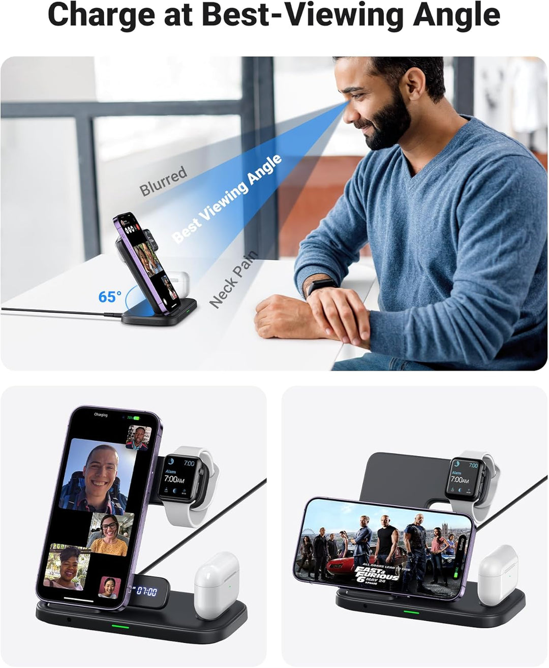 INIU 3 in 1 Kabelloses Ladegerät, Induktive Ladestation für Apple Watch und iPhone, Wireless Charger