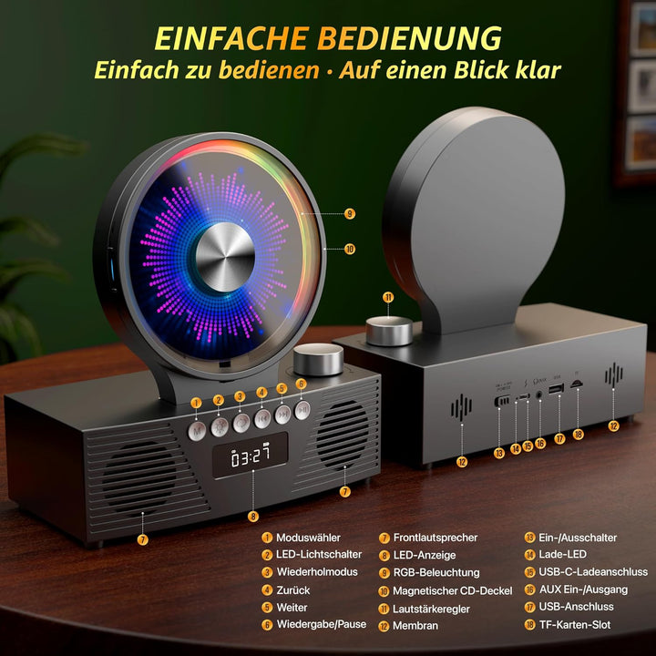 ROADOM CD Player Bluetooth 5.3 mit Dual Lautsprecher, 4000mAh Tragbar Wiederaufladbar, 6-in-1 Wieder