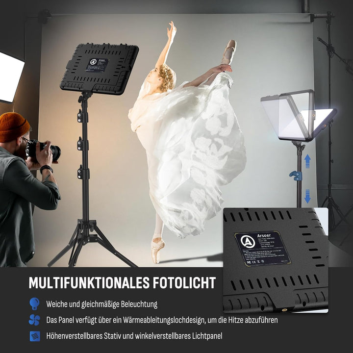 Video Licht Set, 2-Pack 25x20 cm 15 W LED Studio Fotolicht, Dimmbares 2800–6500K Kamera Licht für Vi