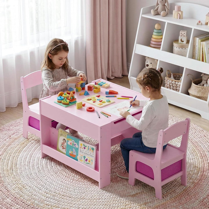 MAMIZO Kindertisch mit 2 Stühlen, 3 in 1 Kinder Tisch Stuhl Set, Kindermöbel Set aus Holz mit Staura