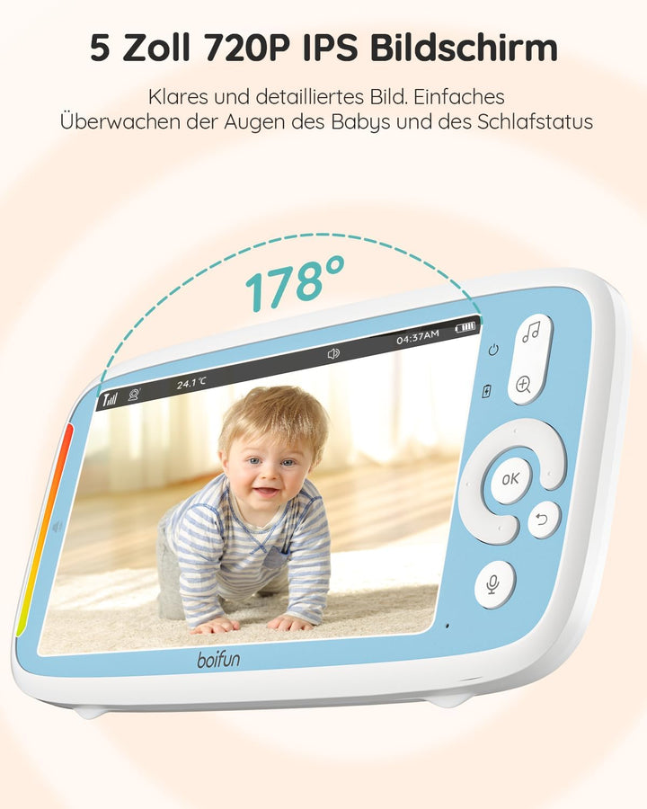 BOIFUN Babyphone mit Kamera, 5'' 720P HD IPS Bildschirm, PTZ 330°/135°, 3×Zoom, VOX Funktion, Zwei-W