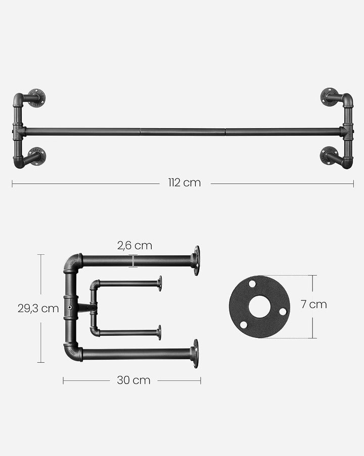 SONGMICS Wandgarderobe, Kleiderstange, Röhrenimitat, Industriestil, 112 x 30 x 29,3 cm, 60 kg Tragla
