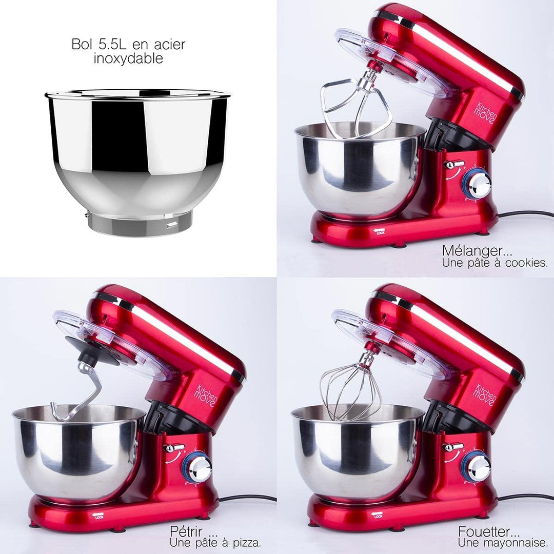 KITCHEN MOVE BAT-1519 Dallas Multifunktions-Küchenmaschine, 1500 W, 5,5 l, Rot, Stahl, mit Handrühre