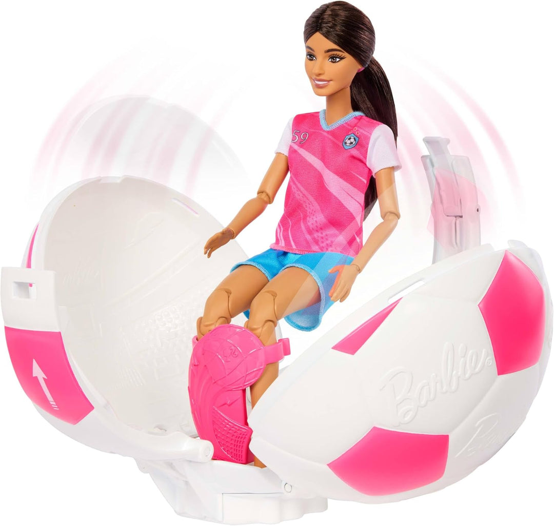 Barbie Team Roll &amp; Reveal Fussballspielerin-Puppe und Zubehörteile mit brünetter Modepuppe, 8 Überra