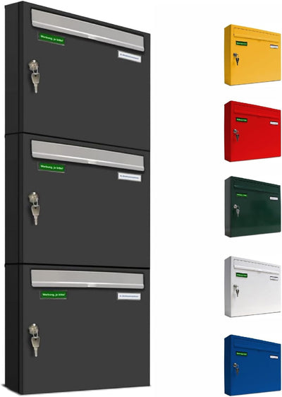 AL Briefkastensysteme Basic 3er Briefkasten RAL 7016 Anthrazit Grau/Einwurfklappe RAL 9006 Weiss Alu