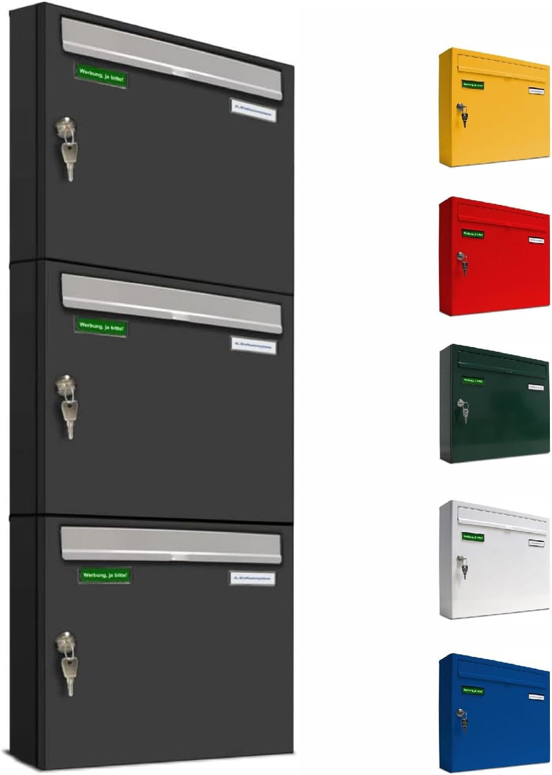 AL Briefkastensysteme Basic 3er Briefkasten RAL 7016 Anthrazit Grau/Einwurfklappe RAL 9006 Weiss Alu