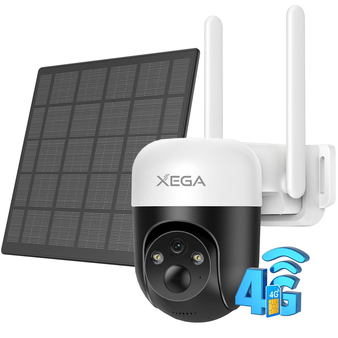 Xega 4G LTE Überwachungskamera Solar Akku mit SIM Karte, 2K 3MP Kabellos Aussen PTZ IP Kamera Outdoo