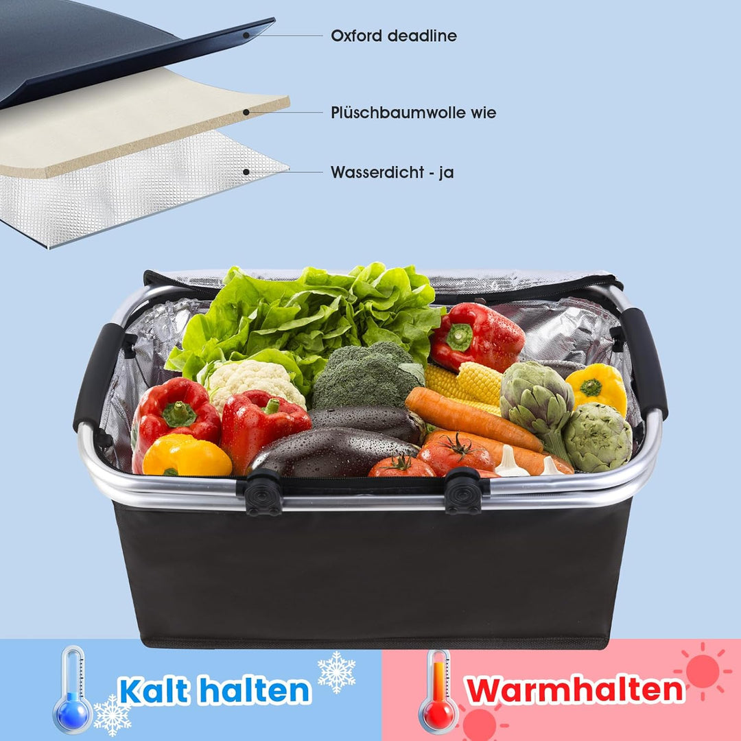 kühlkorb einkaufskorb 30L,Mit Reissverschluss isolierter, Faltbarer Picknickkorb,Klapprahmen aus Alu