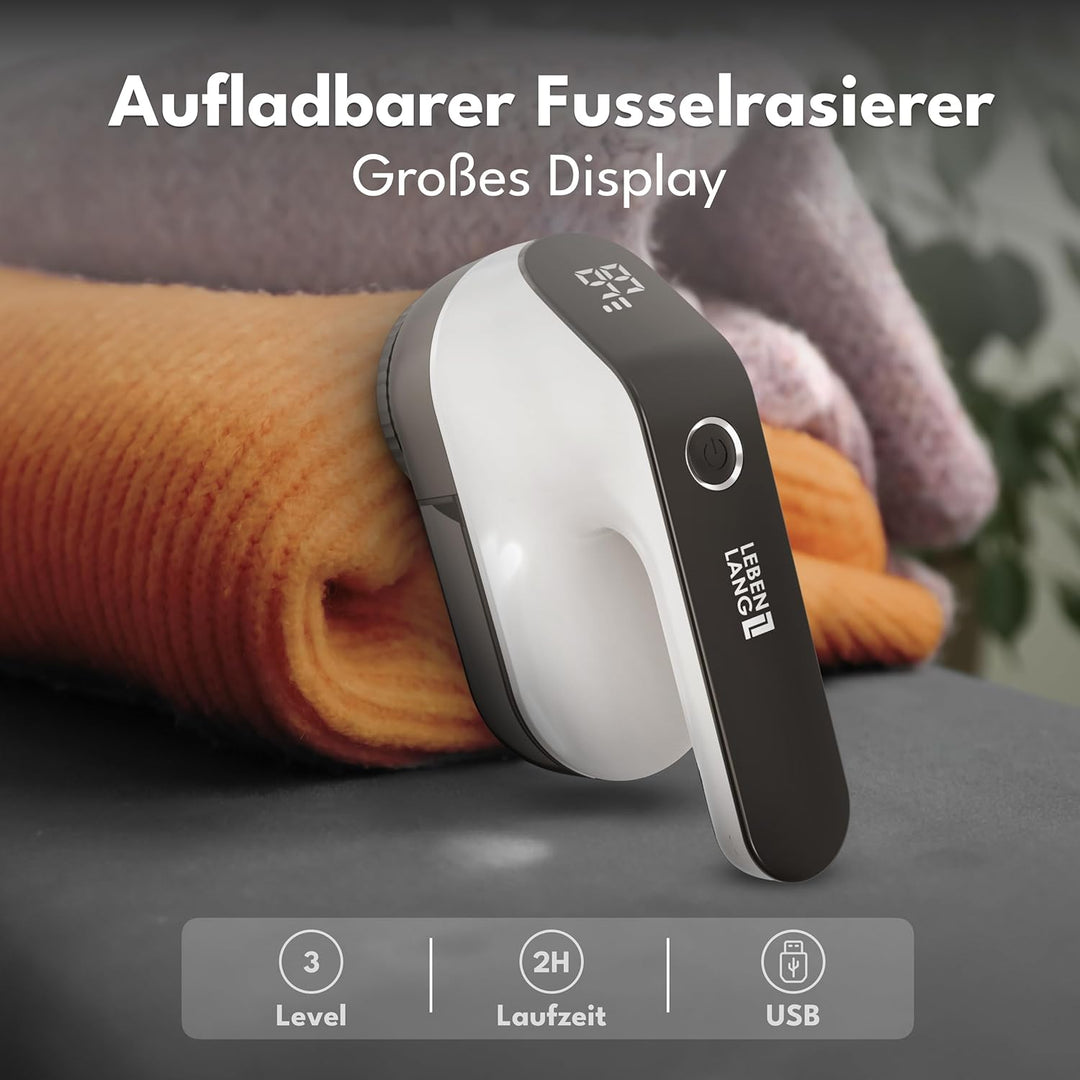 LEBENLANG Fusselrasierer Elektrisch 2000mAh - Inkl. LED Anzeige & Reinigungspinsel I Bis zu 2h Laufz