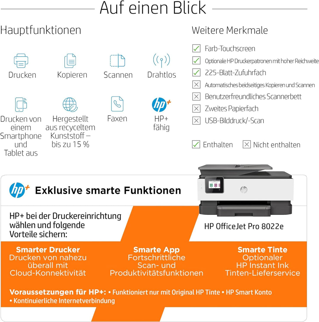 HP OfficeJet Pro 8022e Multifunktionsdrucker (HP+, A4,Scanner, Kopierer, WLAN, LAN, Duplex, HP ePrin