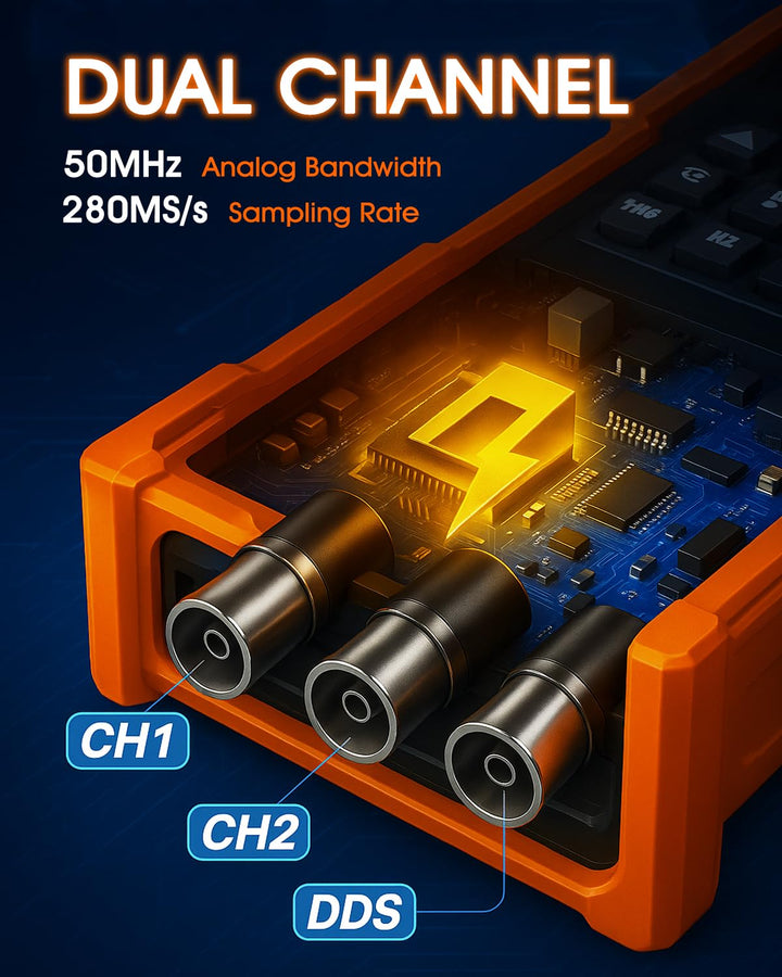 SURLABA Oszilloskop 3in1, 2 Kanal Oszilloskop mit 50 MHz Bandbreite, 280 MSa/s, TRMS 6000 Count Mult