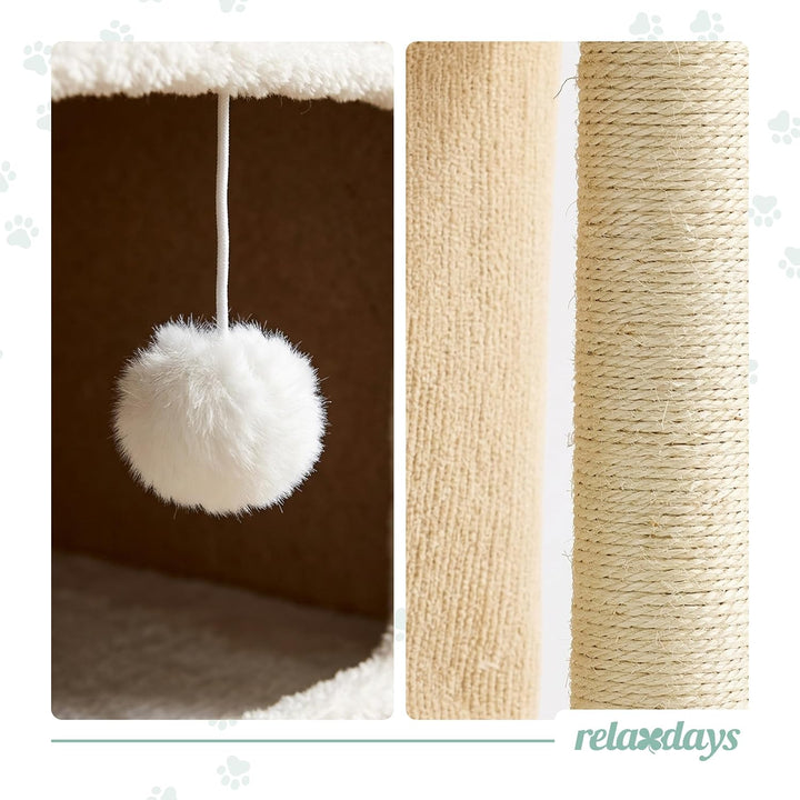Relaxdays Katzenhaus 3-stöckig, Katzenhöhle mit Ball &amp; Kratzbaum, beige | HxBxT: 83,5x43x34 cm, Tier