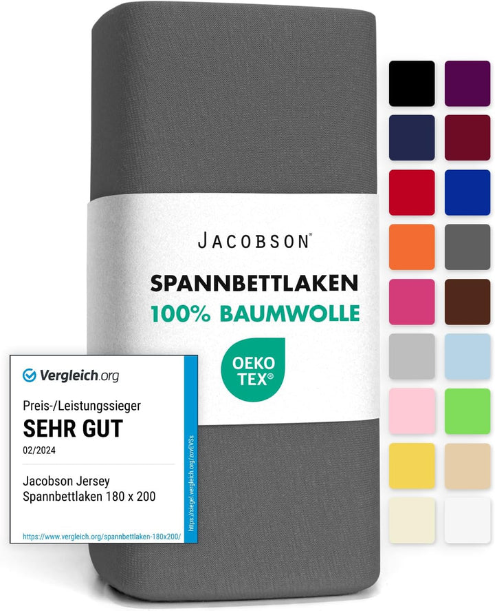 Jacobson Jersey Spannbettlaken Spannbetttuch Baumwolle Bettlaken (180x200-200x200 cm, Anthrazit) 180