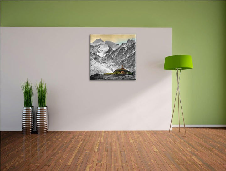Pixxprint Tempel in den Bergen von Tibet als Leinwandbild Quadratisch/Grösse: 70x70 / Wandbild/Kunst
