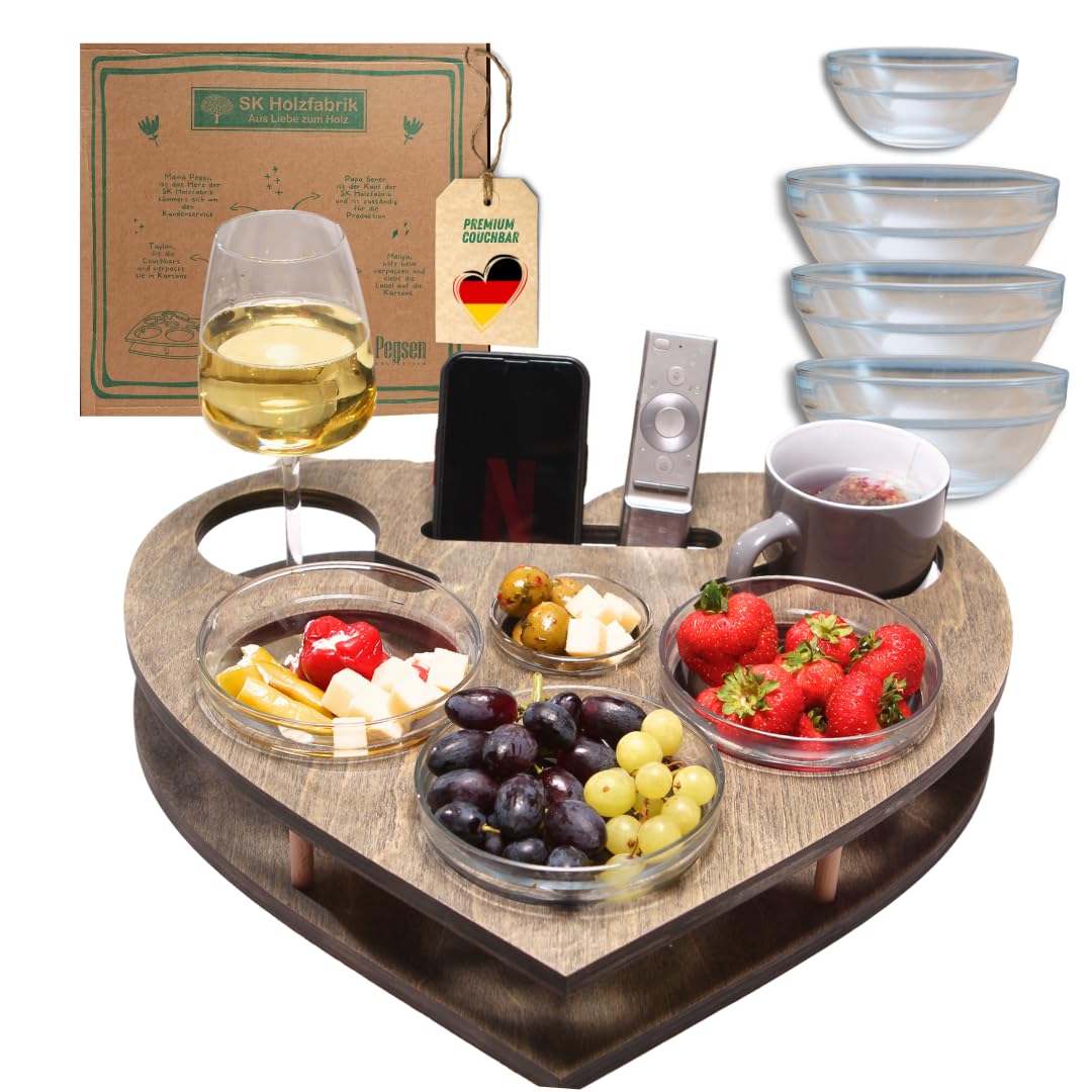 Herz Couchbar in Grau mit 4 Glasschalen - Sofa Butler für Snacks & Getränke [stabil & sicher] Snackb