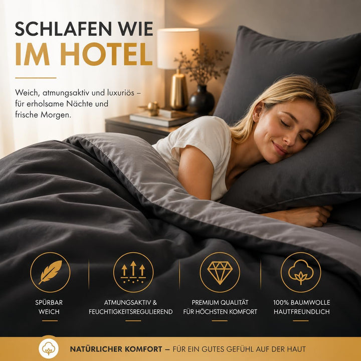 Sleeptime 100% Baumwolle Bettwäsche 155cm x 220cm 4teilig Grau/Anthrazit - weich &amp; bügelfrei Bettbez