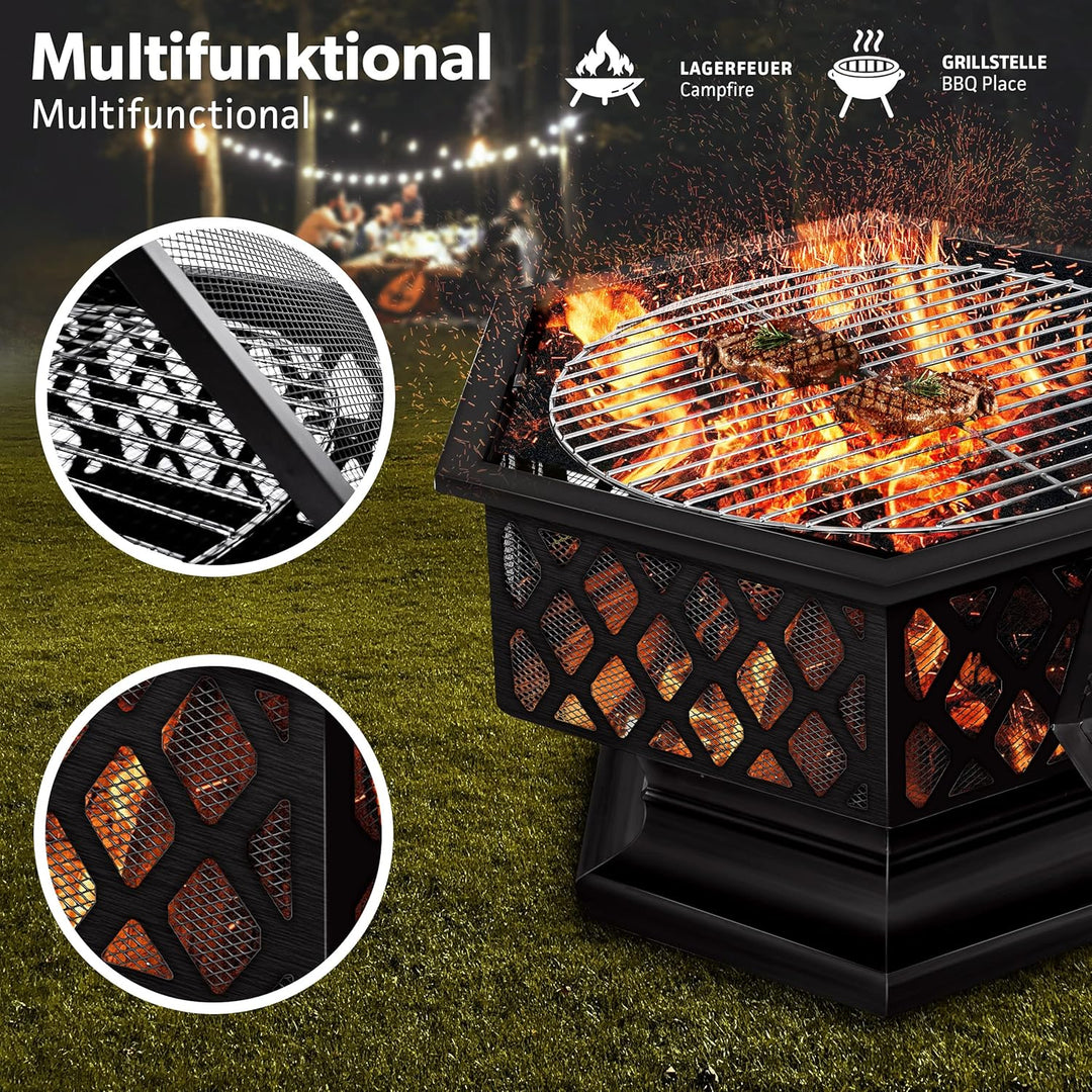 tillvex Feuerschale mit Funkenschutz & Grillrost | Feuerstelle Outdoor für den Garten | 4 in 1 BBQ G