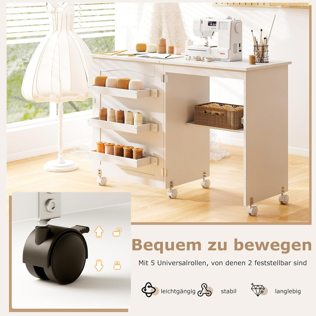 GIANTEX Nähtisch klappbar, Nähmaschinentisch auf Rollen, Nähtisch für Nähmaschine, Nähschrank Holz,