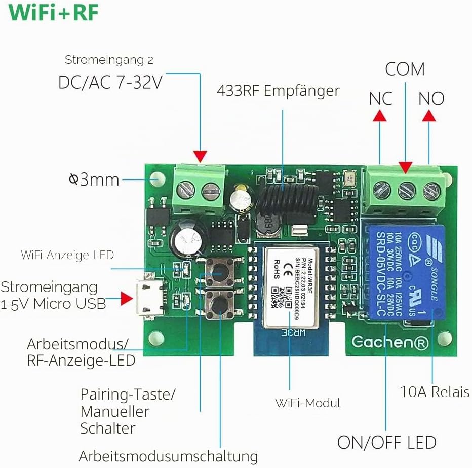 Newgoal WiFi Inching/Selbstsperrendes Relaismodul WiFi Momentary Switch mit 433 MHz RF Fernbedienung