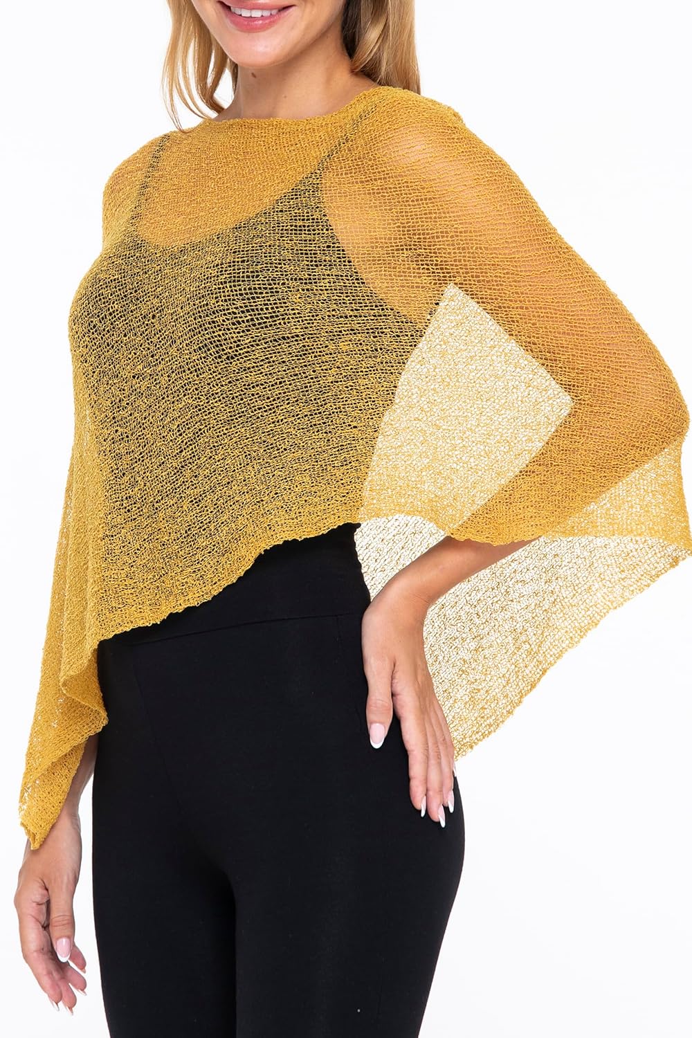 SHU-SHI - Damen Poncho-Top - transparent - leichtes Strickmaterial Goldfarben, Goldfarben