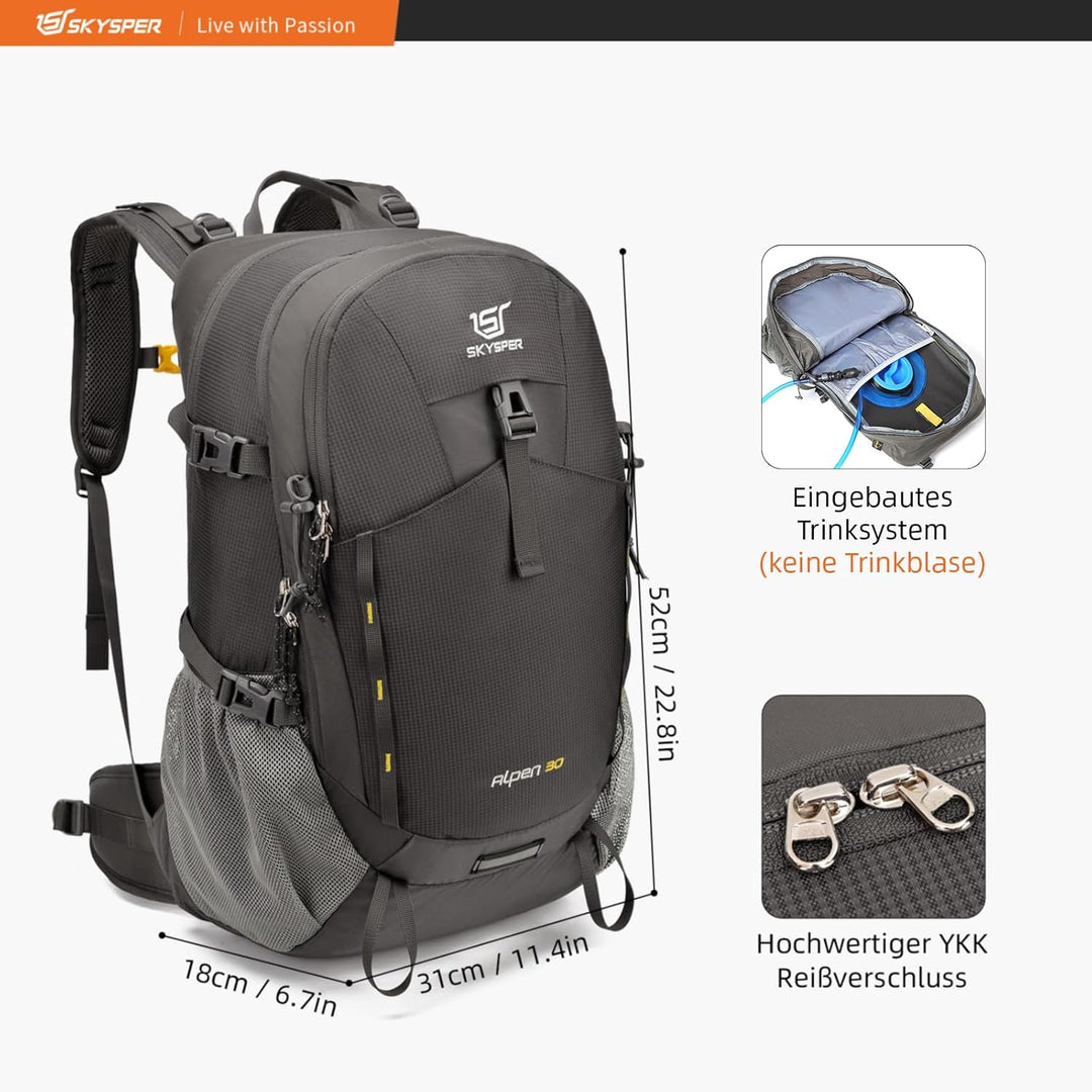 SKYSPER Wanderrucksack 30L Trekkingrucksack Wasserfest mit Rückenbelüftung und Netzrücken Tagesausfl