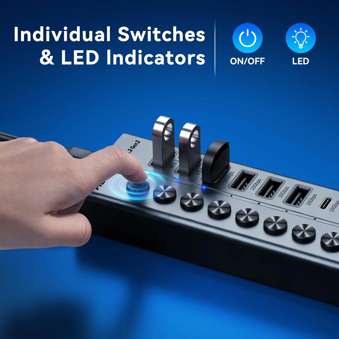 FIDECO 10 Ports USB Hub mit Netzteil, USB Hub Aktiv mit 1 BC1.2, 2 PD 45W Charging Port und 7 USB 3.