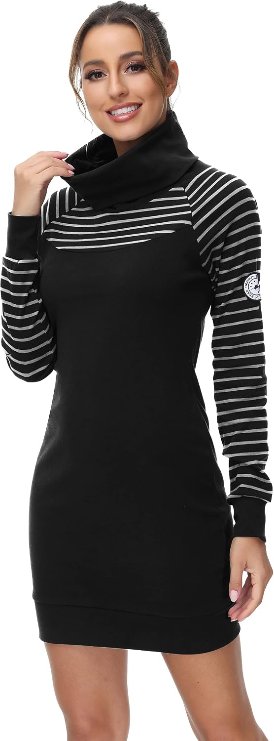 TrendiMax Damen Sweatshirt Langarm Hoodie Kleid Pulloverkleid Rollkragen Sweatkleid Kapuzenpulli Lan