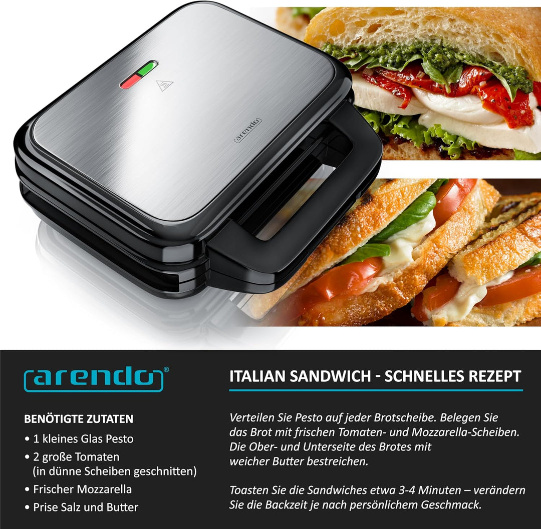 Arendo - Sandwichmaker mit Antihaftbeschichtung - abnehmbare Platten - BPA und PFOA frei - Temperatu