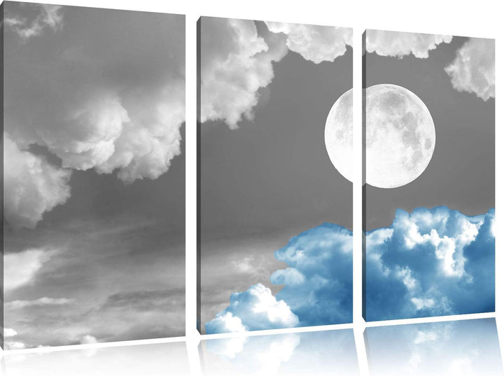Traumhafter Vollmond über blauer Wolke schwarz/weiss 3-Teiler Leinwandbild 120x80 Bild auf Leinwand,