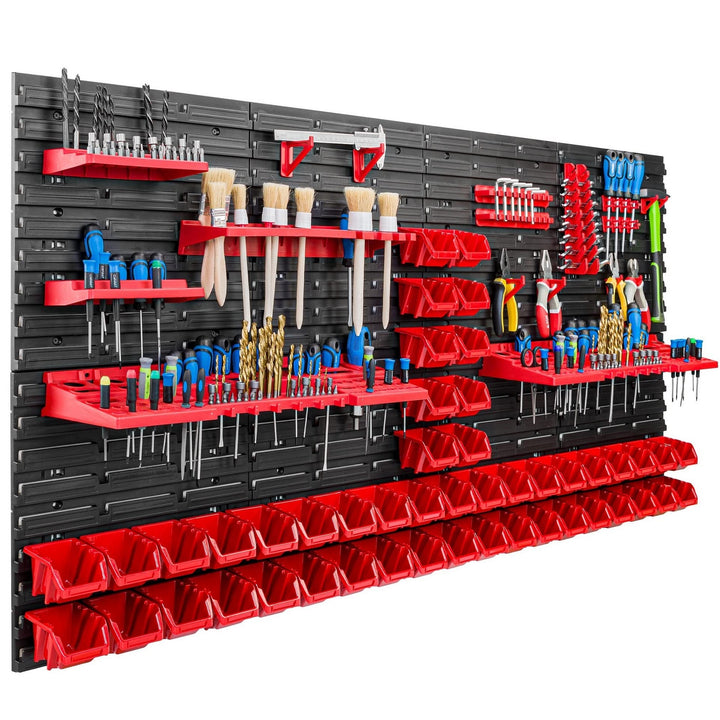 Lagersystem Werkstattregal | 156 x 78 cm | 48 stck. Box | Wandregal mit Werkzeughalterungen und Stap