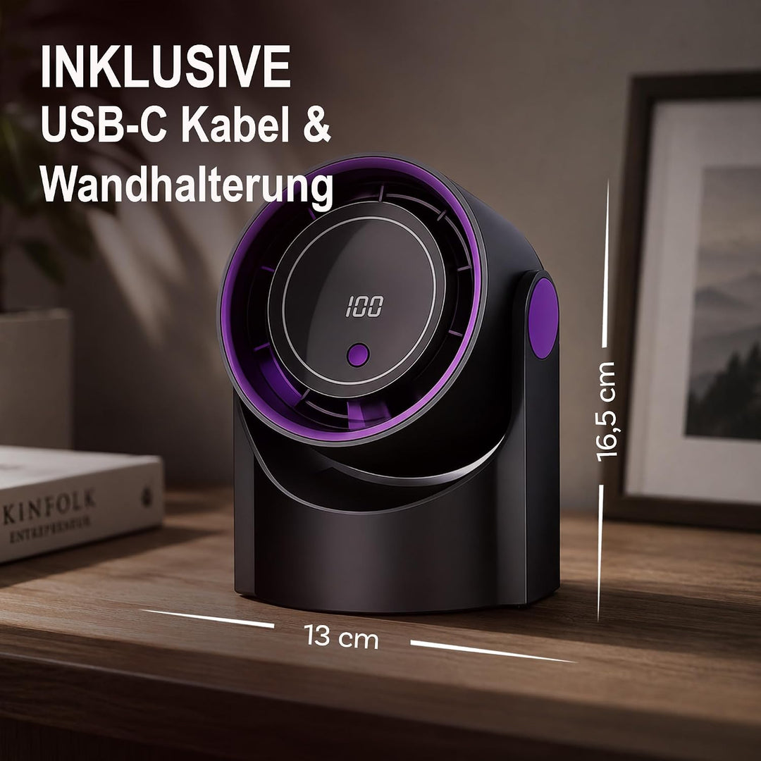 Bestlivings Tisch- und Wandventilator Akku Schwarz 5 Stufen | 1200 mAh, LED Display, 22 dB leise, US