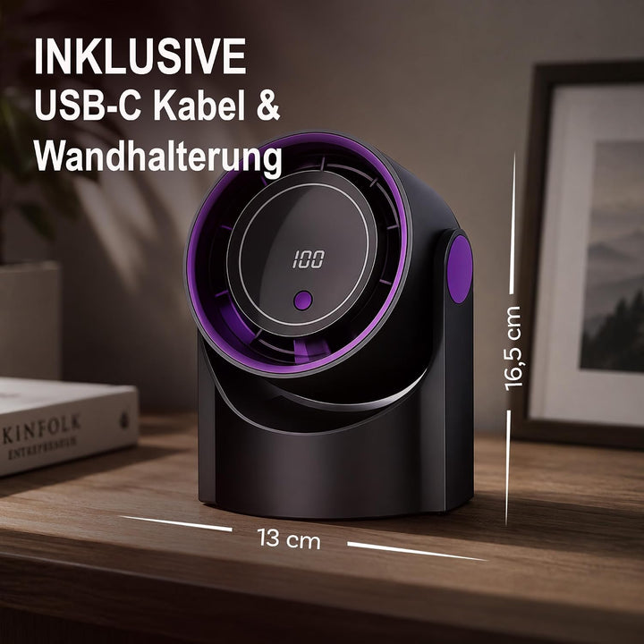 Bestlivings Tisch- und Wandventilator Akku Schwarz 5 Stufen | 1200 mAh, LED Display, 22 dB leise, US