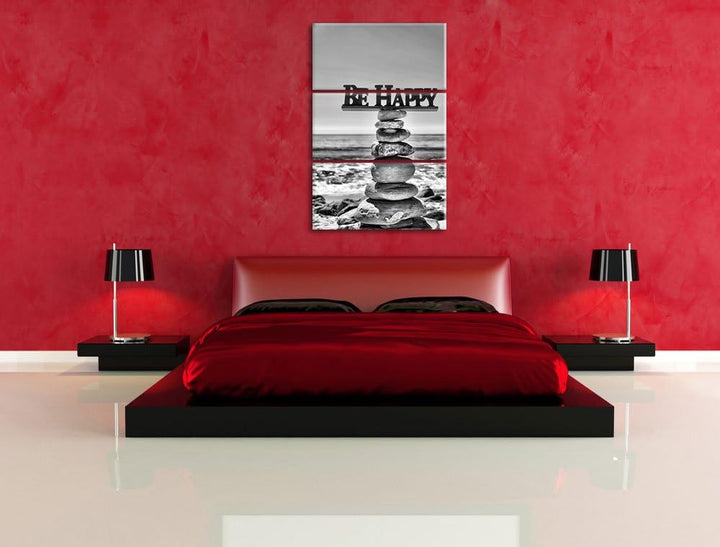 Pixxprint Monocrome, Steinturm bei Happy am Strand 3-Teiler Leinwandbild 120x80 Bild auf Leinwand