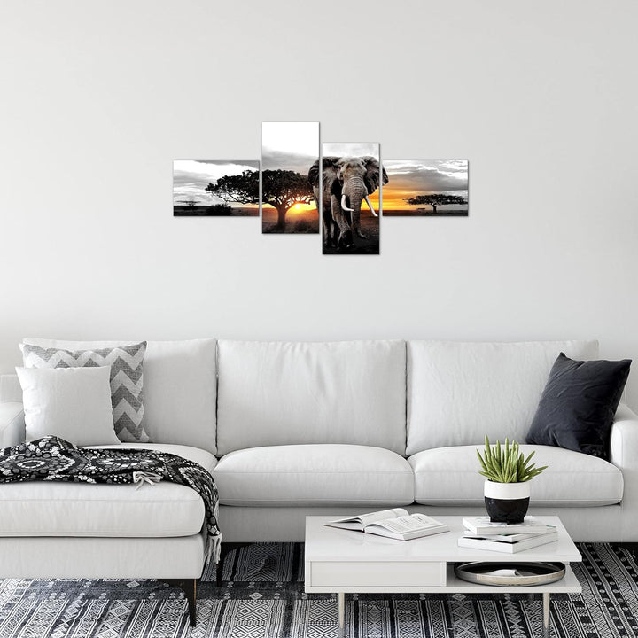 Runa Art Bild Modern Afrika Elefant - Made in Germany - Wandbilder Panorama Grau Orange 4 Teilig 001
