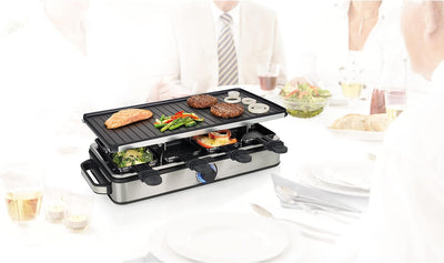 Princess Raclette Grill Deluxe - Wendbare Grillplatte, Edelstahlgehäuse, 8 Personen, 1400 Watt, Ther