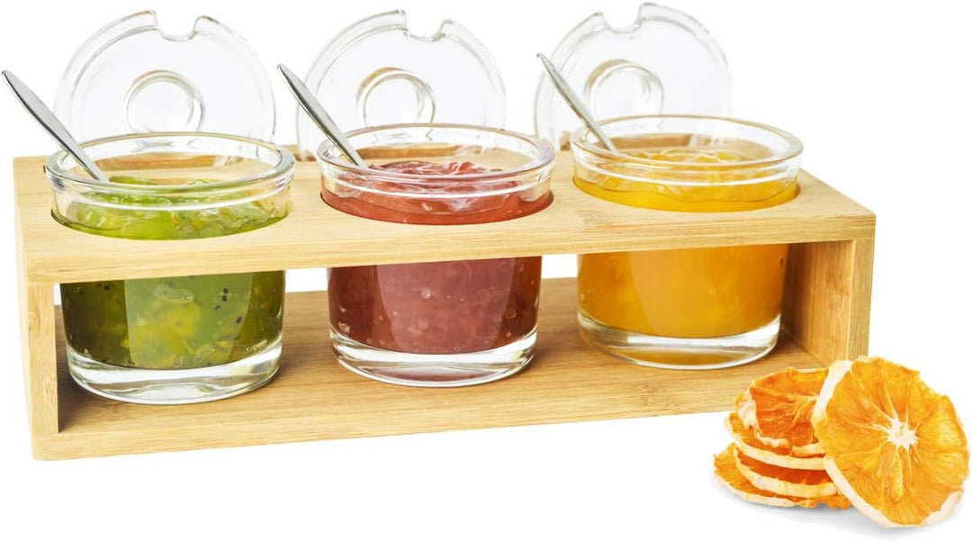 Sendez 3 Gewürzgläser mit Holzgestell und Löffeln Gewürzdosen Parmesandosen Marmeladendosen Set Honi