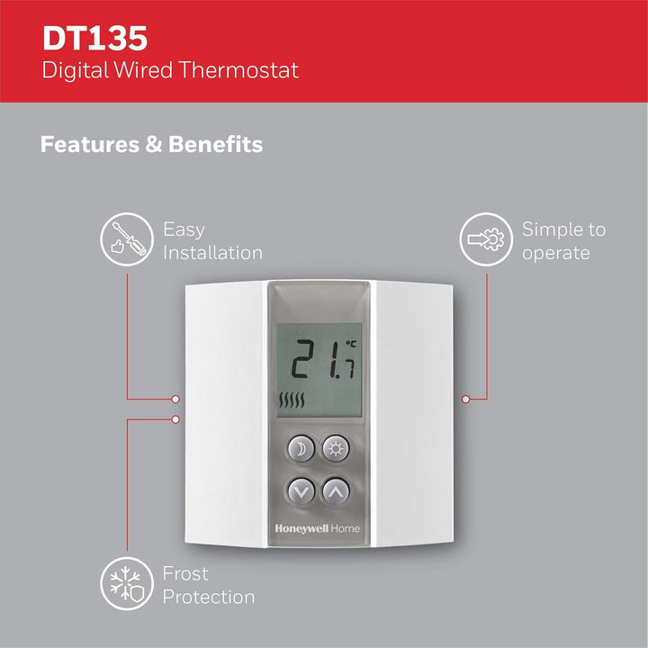 Honeywell Home T135C110AEU DT135 Digitaler kabelgebundener nicht programmierbarer Thermostat, weiss