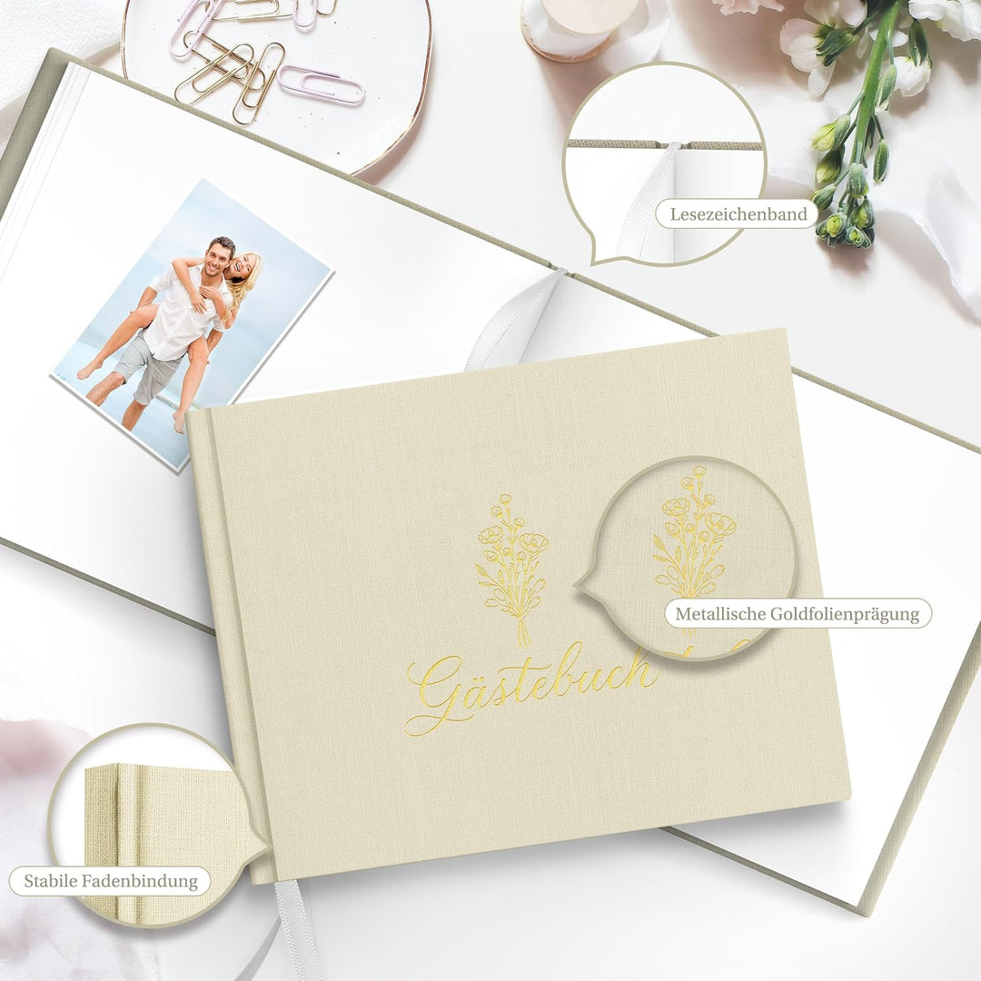 Hyggartn Gästebuch Beige – Leinen Hardcover Gästebuch mit Goldprägung, 100 Seiten Blanko – Dekorativ