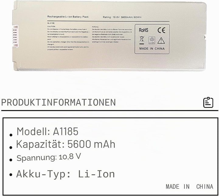 A1181 Laptop Batterie Ersatz für Apple 13" MacBook A1185 (Mid/Late 2006, Mid/Late 2007, Early/Late 2