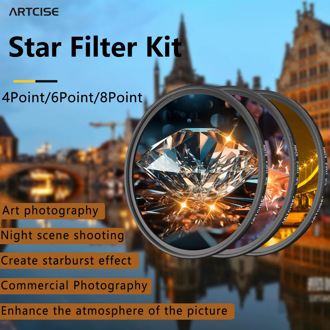 ARTCISE 62 mm Sternfilter-Set, 4 Punkte, 6 Punkte, 8 Punkte, Kreuzstern-Spezialeffekte, optische Gla